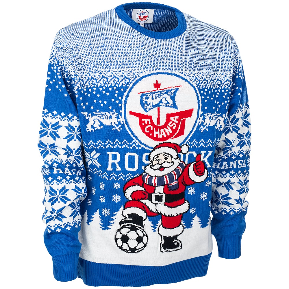Weihnachts-Pullover Santa Rostock blau-weiß