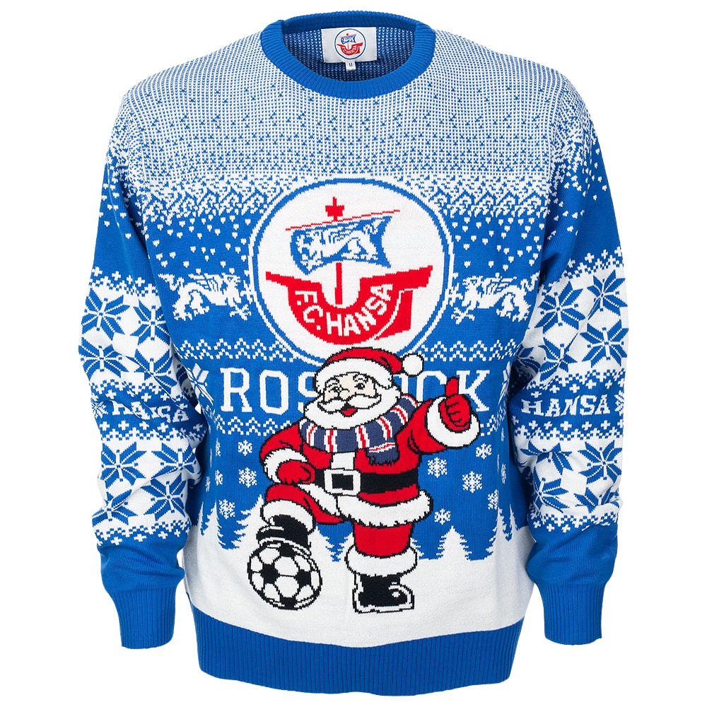 Weihnachts-Pullover Santa Rostock blau-weiß
